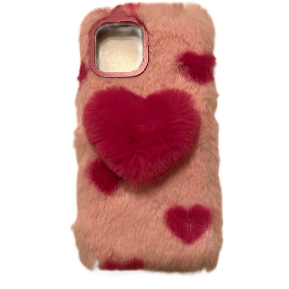 iPhone 12 ProMax Plush Pink Hearts Prints w/ Heart Phone Grip Soft Case NWT - Picture 4 of 9